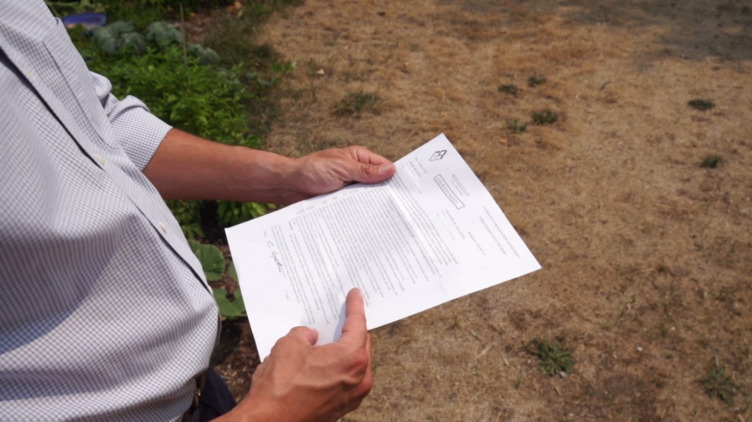 Jason McHann reviews a courtesy notice regarding his yellow lawn from code enforcement.