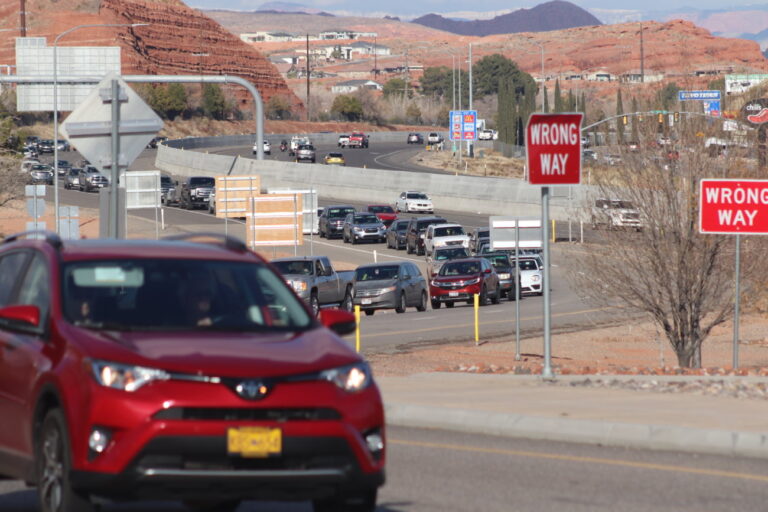 Traffic backs up at the St. George Boulevard/Exit 8 interchange in St. George, Utah, Feb. 12. Heavy traffic is expected in St. George for the Labor Day weekend.
