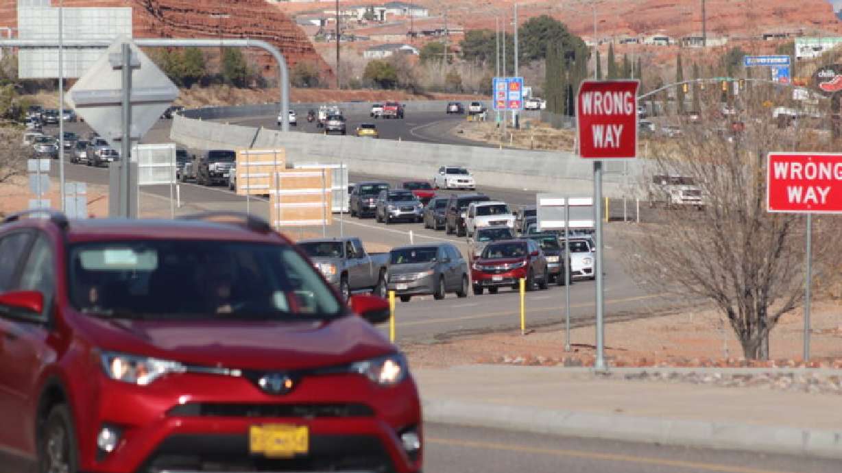 Traffic backs up at the St. George Boulevard/Exit 8 interchange in St. George, Utah, Feb. 12. Heavy traffic is expected in St. George for the Labor Day weekend.