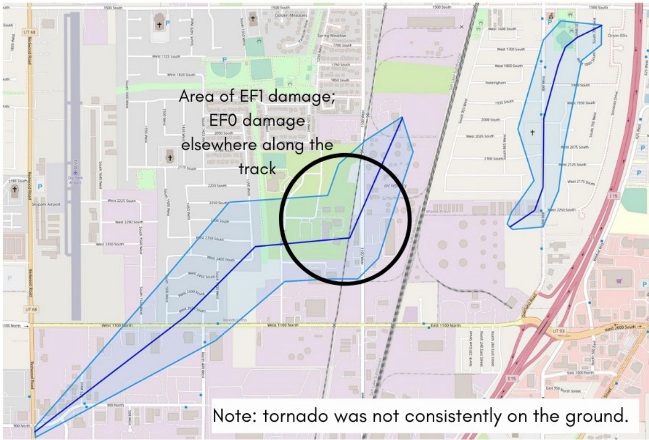 A map showing the path of a tornado that touched down in Davis County on Thursday. The tornado caused some damage but no reported injuries.