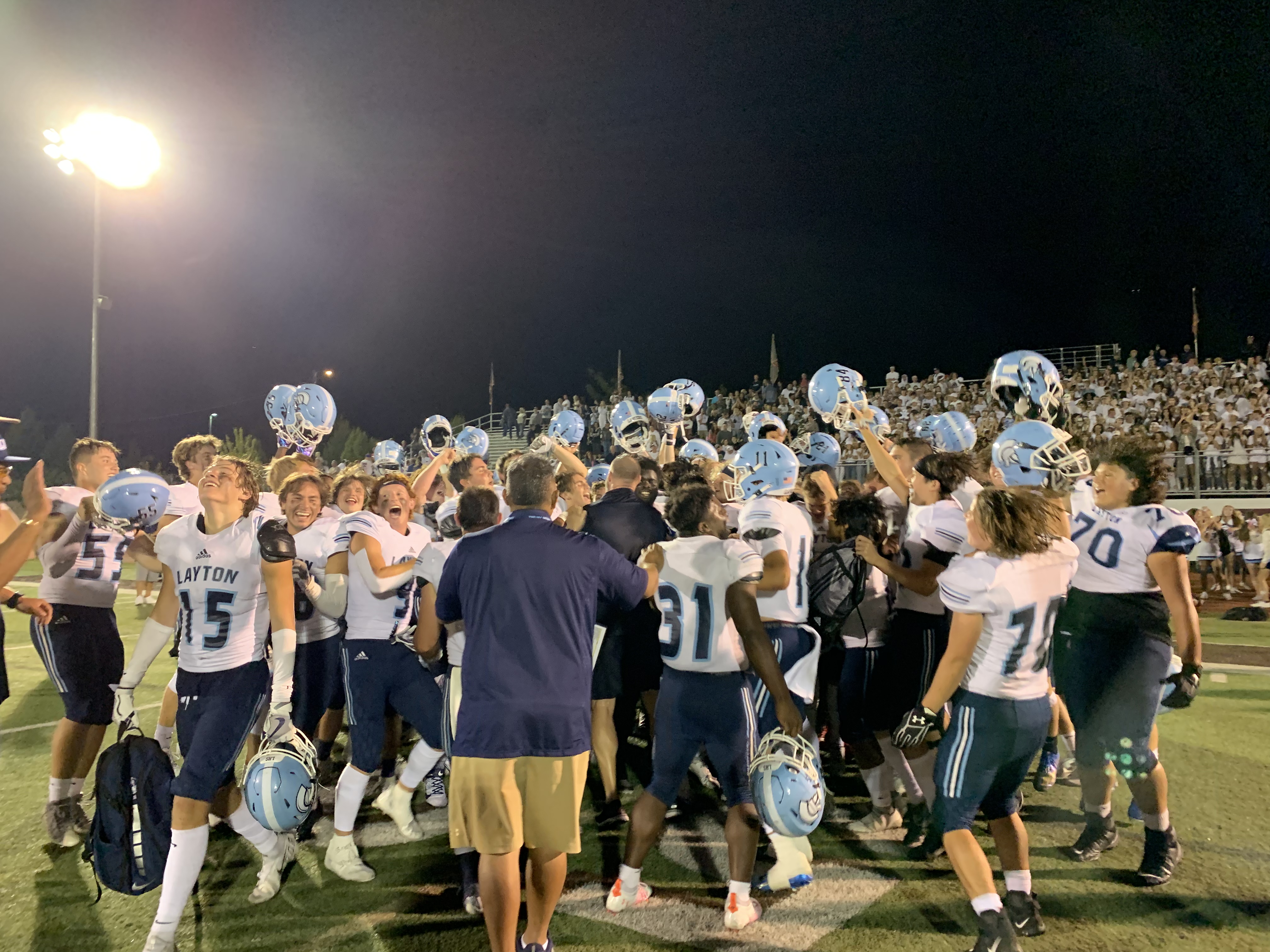 Layton celebrates its 24-21 victory over Davis Friday, Sept. 3, 2021.