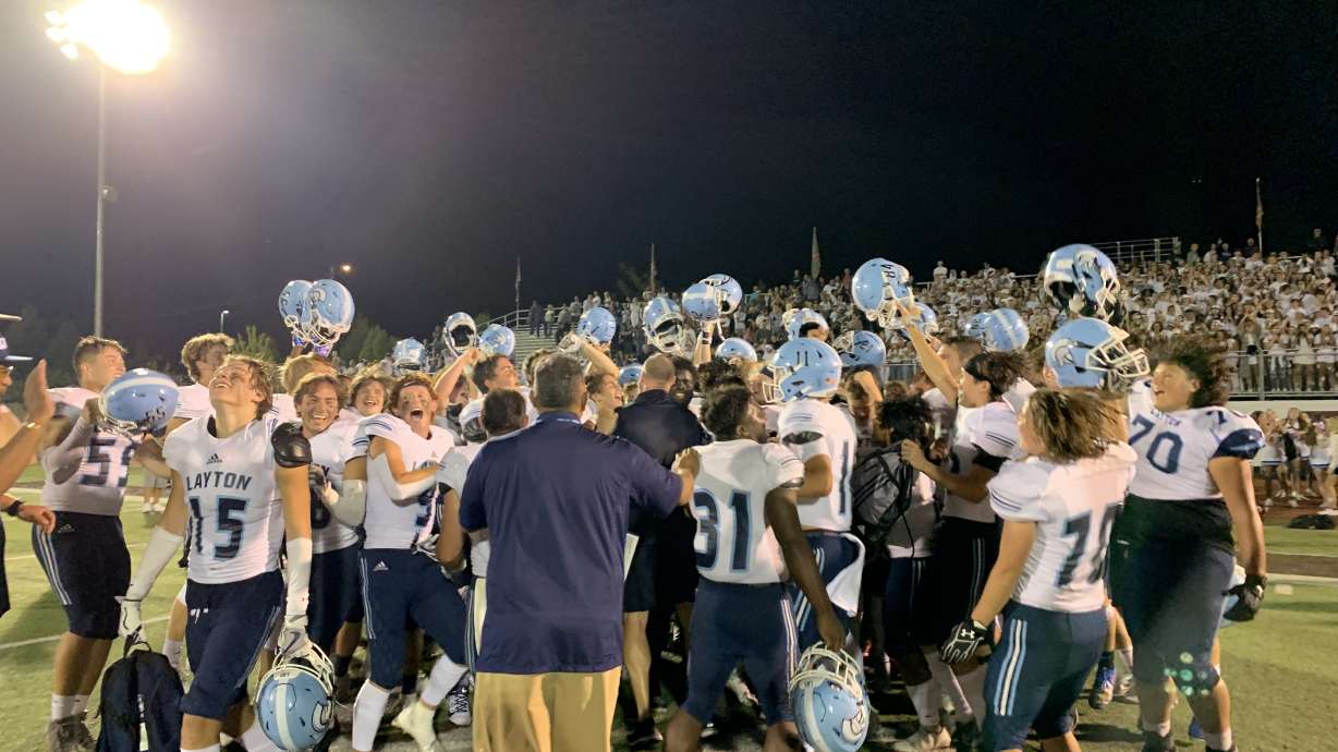 Layton celebrates its 24-21 victory over Davis Friday, Sept. 3, 2021.