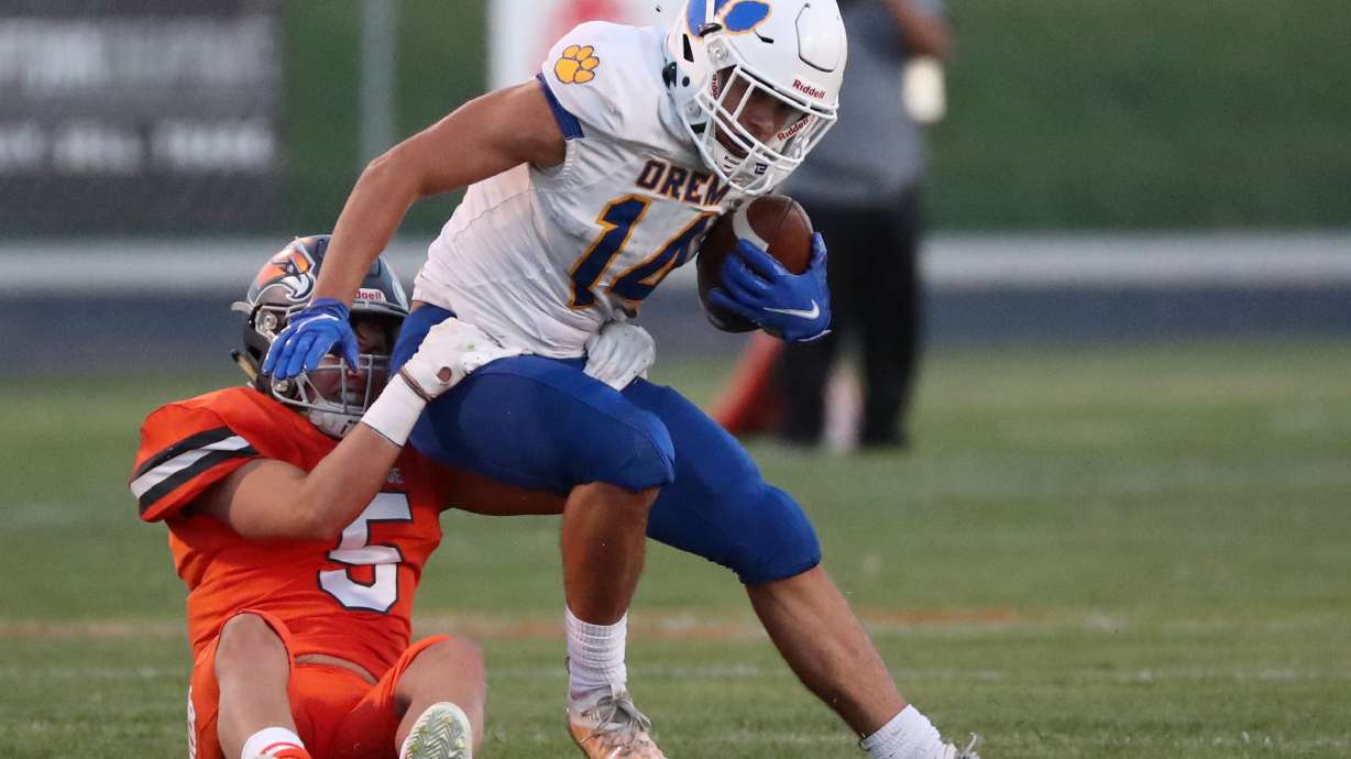 Skyridge's Collin Sheffield tackles Orem's Kolton Brown during a high school football game at Skyridge High School in Lehi on Friday, Sept. 3, 2021. Skyridge won 36-0.