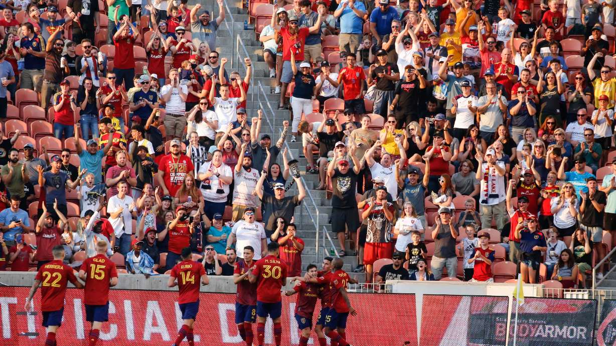 Real Salt Lake players celebrate after scoring their second goal during the second half of an MLS soccer match against FC Dallas in Sandy on Saturday, Sept. 4, 2021. Real Salt Lake won 3-2.