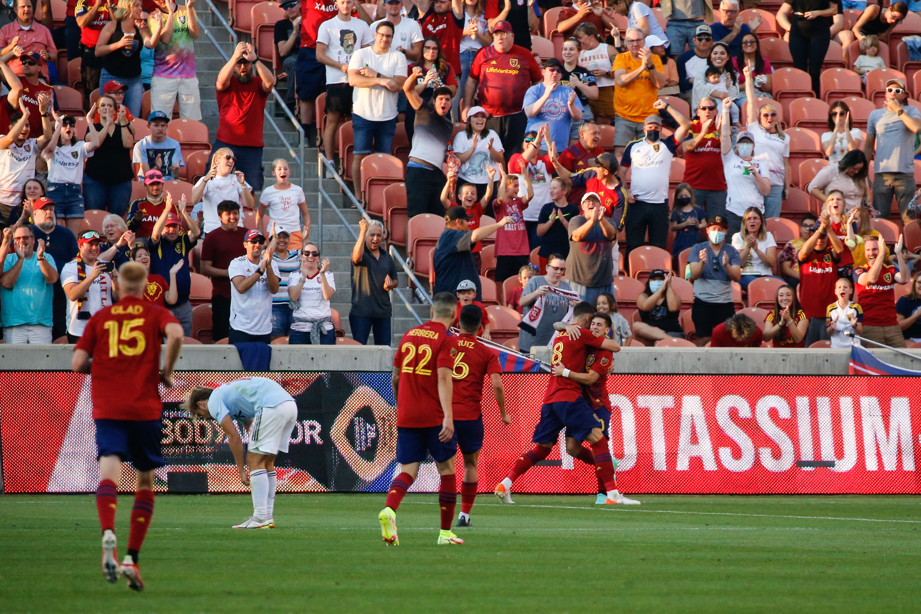 Real Salt Lake players celebrate during the second half of an MLS soccer match against FC Dallas in Sandy on Saturday, Sept. 4, 2021. Real Salt Lake won 3-2.