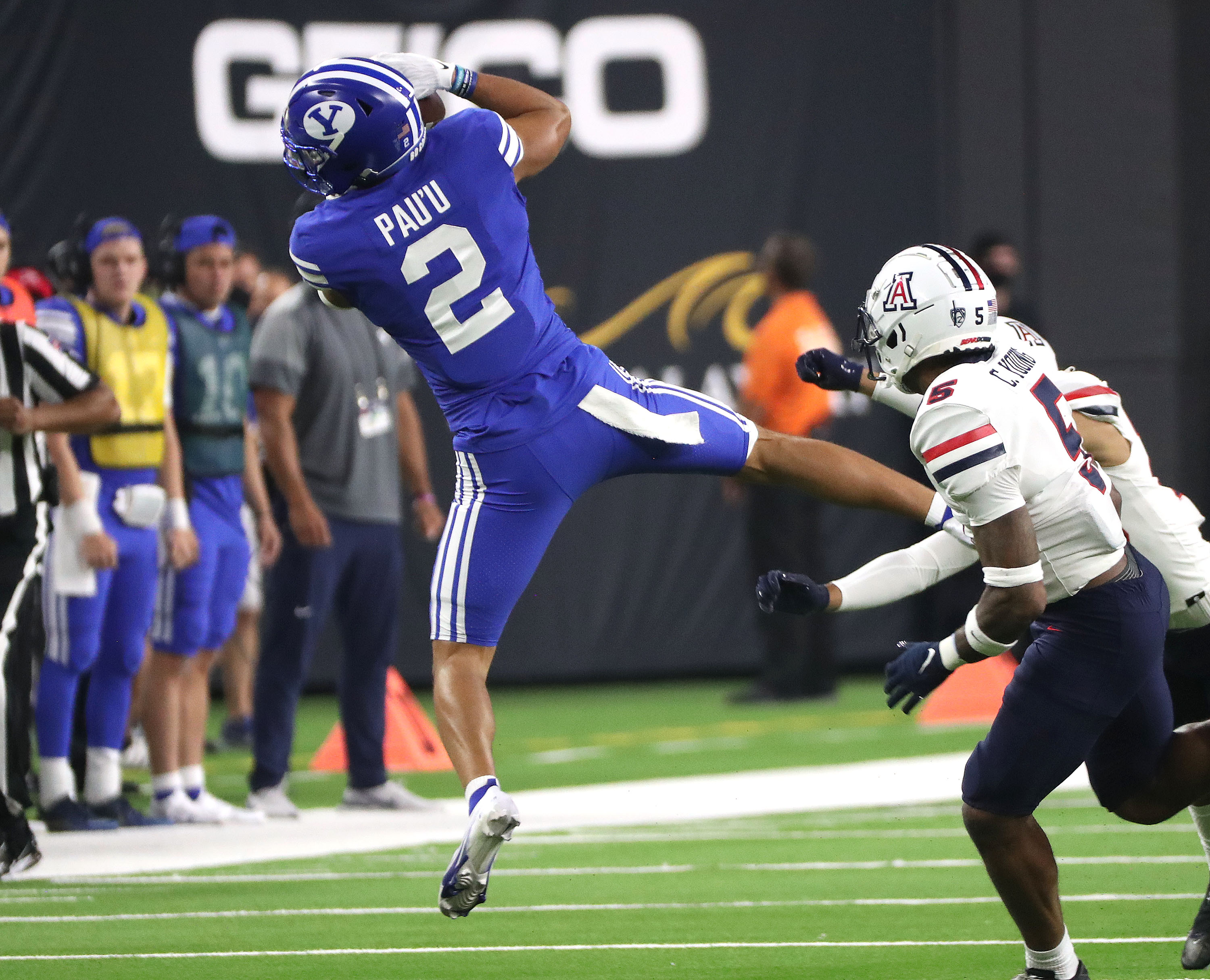 Brigham Young Cougars wide receiver Neil Pau'u (2) grabs a pass during the Vegas Kickoff Classic in Las Vegas on Saturday, Sept. 4, 2021.