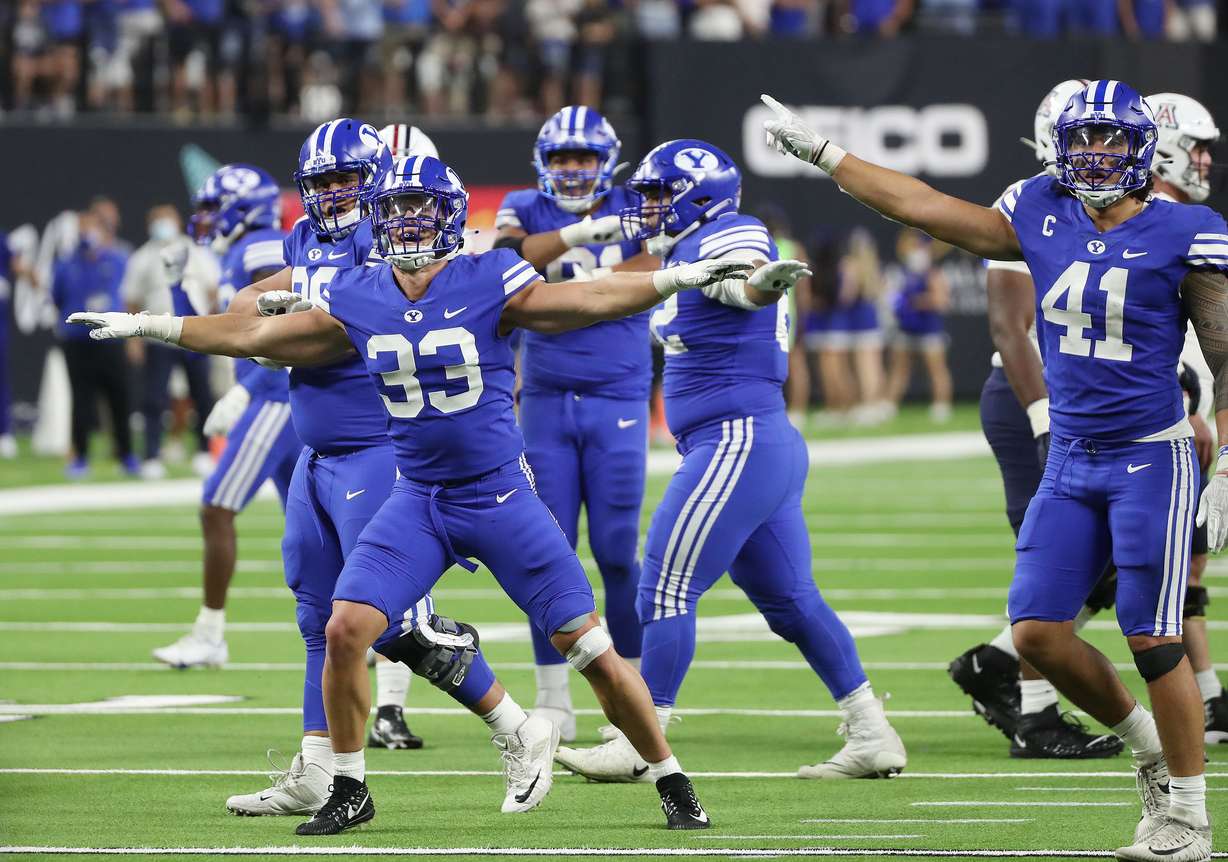 The BYU defense celebrates a missed field goal by the Arizona Wildcats during the Vegas Kickoff Classic in Las Vegas on Saturday, Sept. 4, 2021. BYU won 24-16.