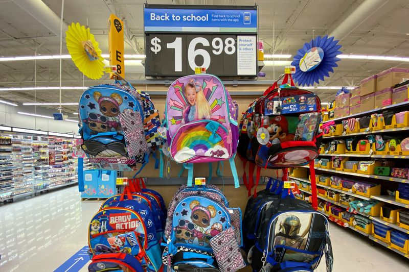 Back to school supplies are shown for sale at a Walmart store during the outbreak of the coronavirus disease in Encinitas, California, on July 28, 2020. Strong late-summer back-to-school sales could provide U.S. retailers some needed momentum after many sector shares lagged the broader market in recent months.