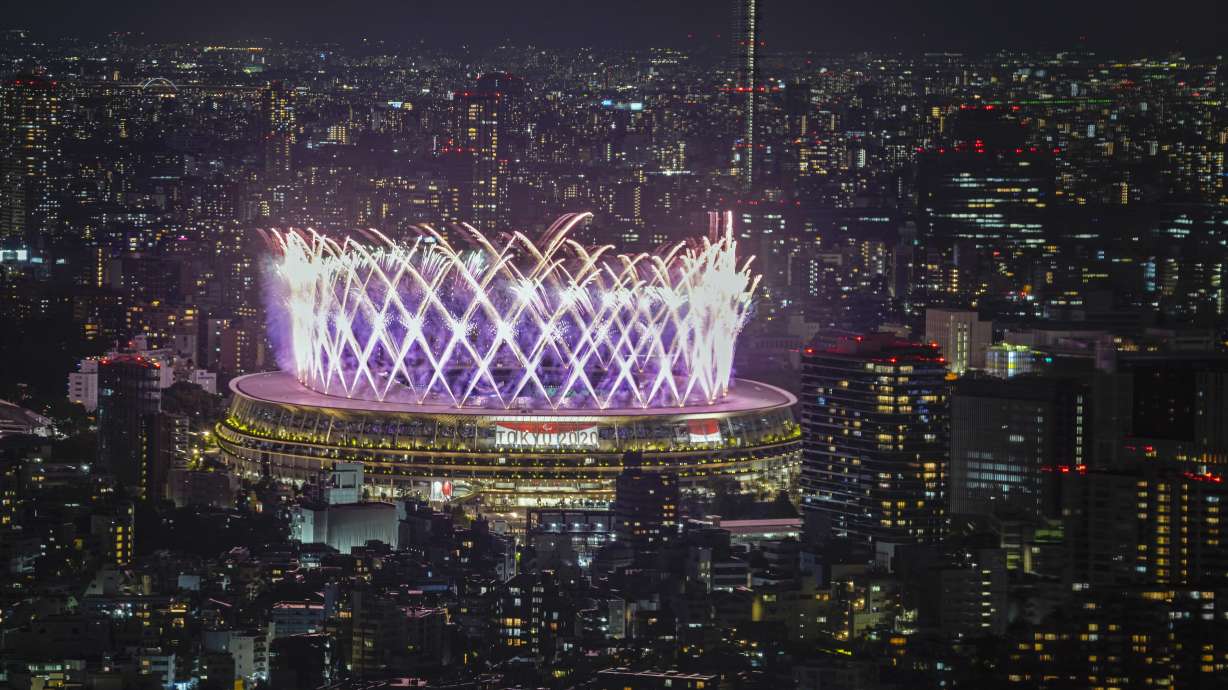 Fireworks illuminate over National Stadium viewed from Shibuya Sky observation deck during the closing ceremony for the 2020 Paralympics in Tokyo, Sunday, Sept. 5, 2021.