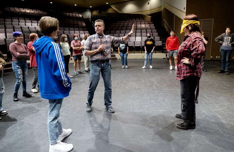 Weber High School theater teacher Mark Daniels gives
instructions to students in his beginning theater class at the
school in Pleasant View, Weber County, on Friday.
Daniels has been named 2022 Utah Teacher of the Year.