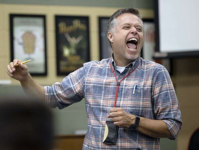 Weber High School theater teacher Mark Daniels laughs
as he teaches a beginning theater class at the school in Pleasant
View, Weber County, on Friday. Daniels has been
named 2022 Utah Teacher of the Year.