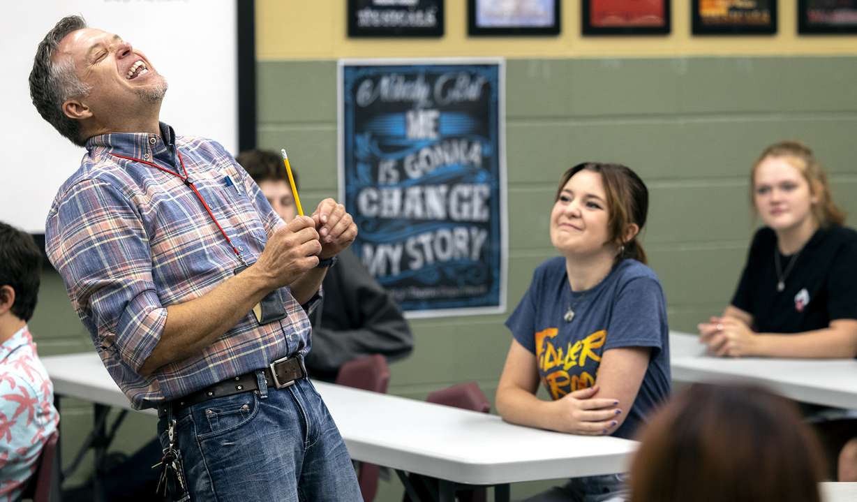 Weber High School theater teacher Mark Daniels laughs as he teaches a beginning theater class at the school in Pleasant View, Weber County, on Friday. Daniels has been named 2022 Utah Teacher of the Year.