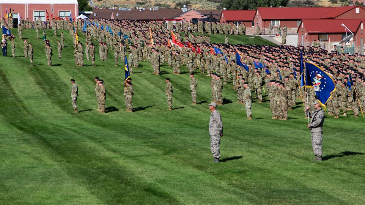 Over 7,000 Army and Air National Guardsmen stand in formation on Tarbet Field to participate in Utah's 65th annual Governor's Day ceremony on Sept. 14, 2019.