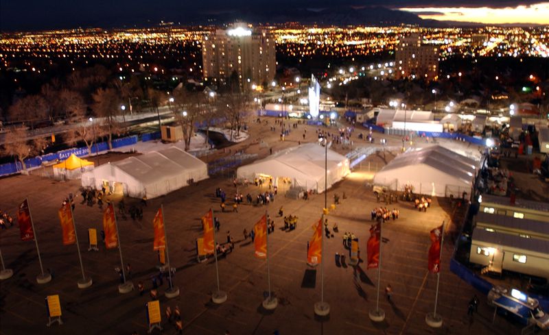 Spectators enter through the security checkpoints set
up outside of Rice-Eccles Stadium for the opening ceremony of the
Salt Lake 2002 Winter Olympic Games.