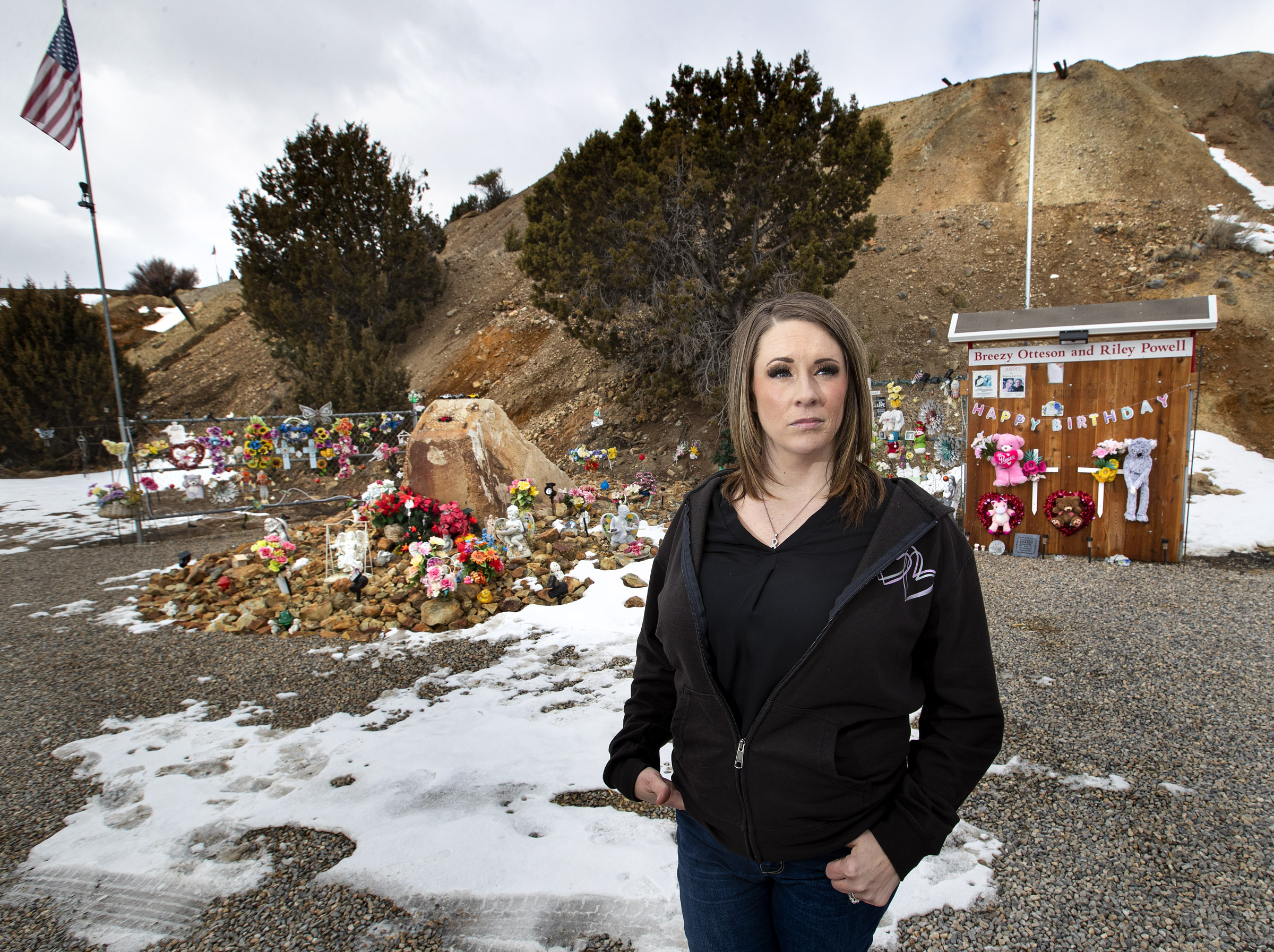 Amanda Davis poses for a photograph while visiting a permanent memorial for her niece, Brelynne "Breezy" Otteson, and Otteson's boyfriend, Riley Powell, near the Tintic Standard Mine No. 2 near Eureka, Juab County, on Feb. 4, 2021. Otteson and Powell were brutally killed and their bodies were found dumped in the mine shaft in 2018.