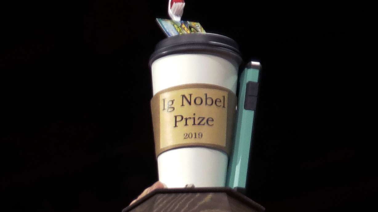 In this Sept. 12, 2019 file photo, the 2019 Ig Nobel award is displayed at the 29th annual Ig Nobel awards ceremony at Harvard University in Cambridge, Mass.