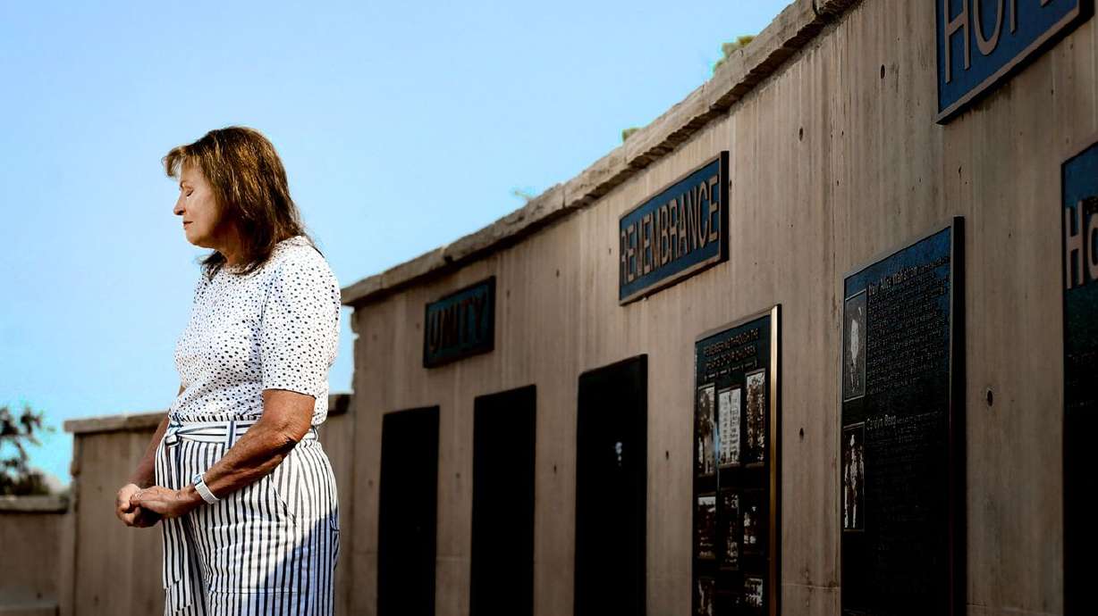 Margaret Wahlstrom is photographed at the 9/11 memorial at the Utah State University Botanical Center in Kaysville on Sept. 2.