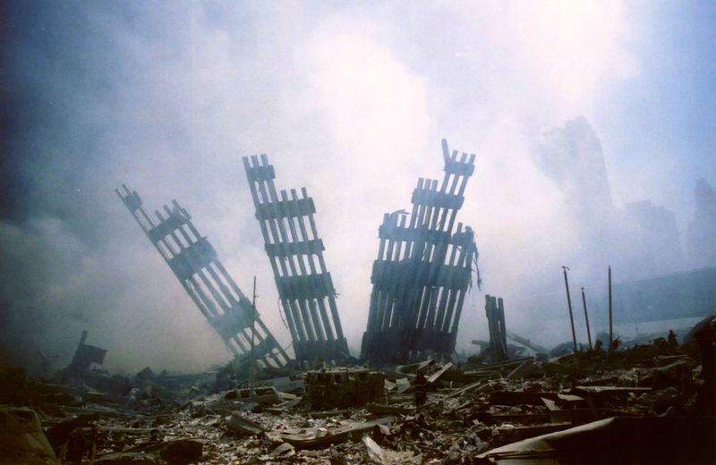 The remains of the World Trade Center stand amid the
debris following the terrorist attack on the building in New York
on Sept. 11, 2001.