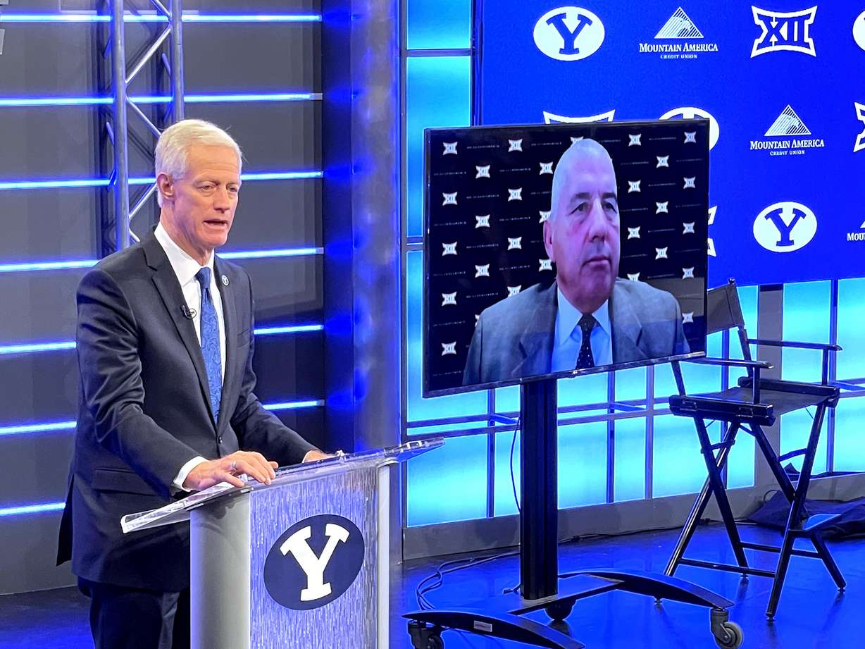 BYU President Kevin J Worthen speaks at a press conference in Provo on Friday, Sept. 10, 2021, with Big 12 commissioner Bob Bowlsby on video conference. BYU accepted an invitation to join the Big 12 Conference.