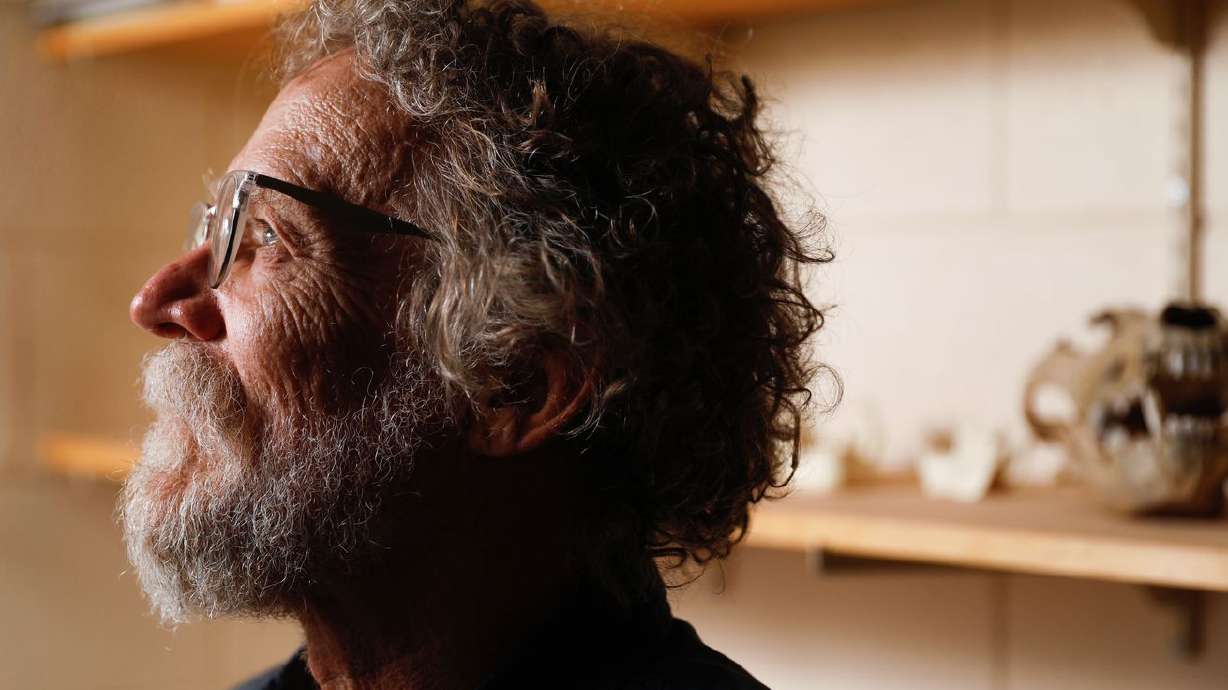 David Carrier, a professor of biology and co-author of
a study that explores how beards serve an evolutionary purpose of
protecting the jaw during fistfights, poses for a portrait in his
office at the University of Utah in Salt Lake City on Friday.