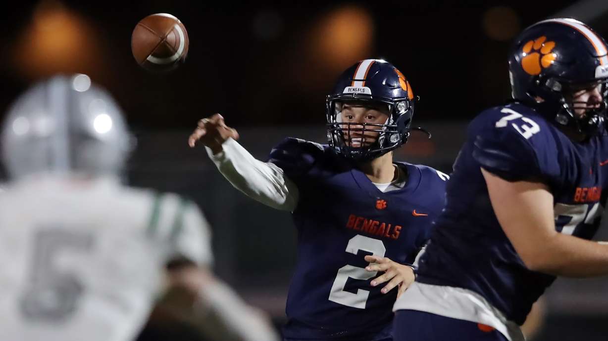 Brighton quarterback Jack Johnson passes the ball as the Bengals and Olympus play a high school football game at Brighton in Cottonwood Heights on Friday, Sept. 10, 2021. Olympus won 35-28.