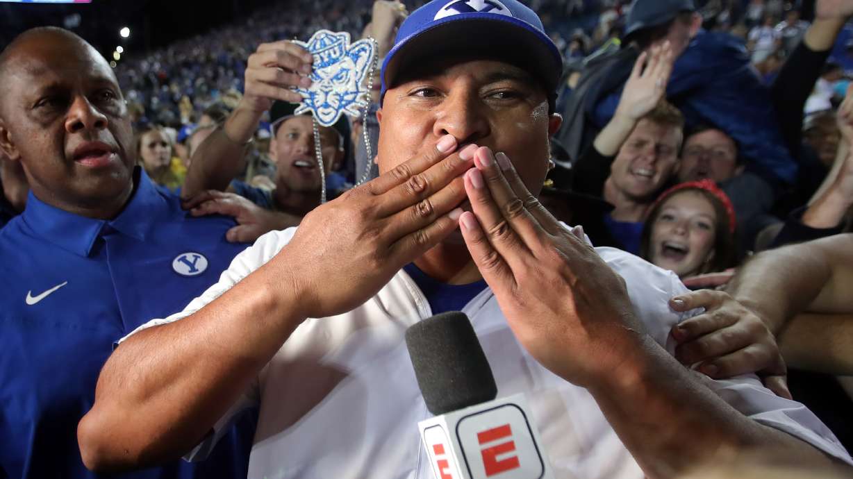 Brigham Young Cougars head coach Kalani Sitake thanks the fans as the Cougars defeat Utah in an NCAA football game at LaVell Edwards Stadium in Provo on Saturday, Sept. 11, 2021. BYU won 27-16 ending a 9 game losing streak to the Utes.