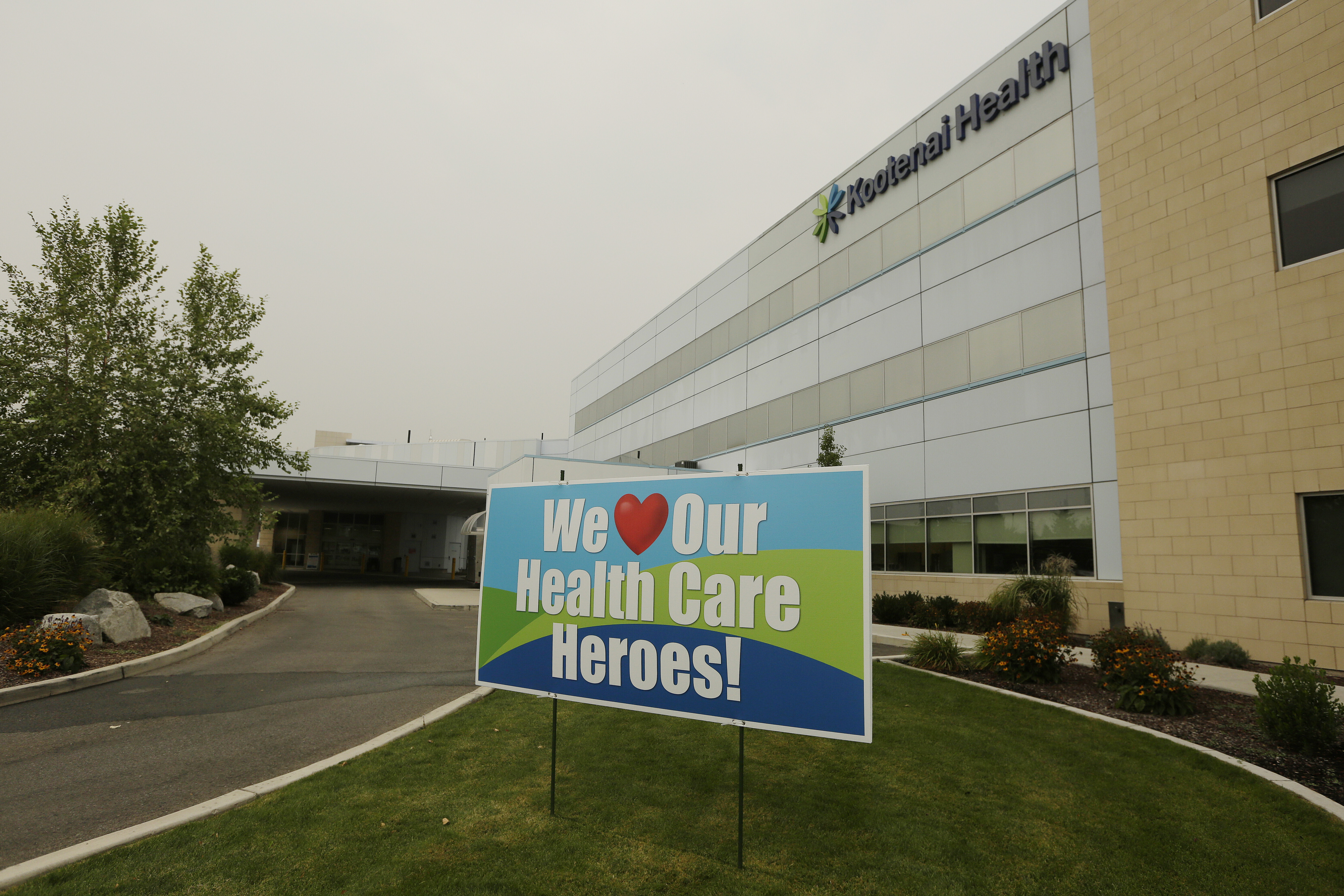 A sign supporting healthcare workers is photographed at Kootenai Health, Friday, in Coeur d'Alene, Idaho. Northern Idaho has a long and deep streak of antigovernment activism that is confounding attempts to battle a COVID-19 outbreak.
