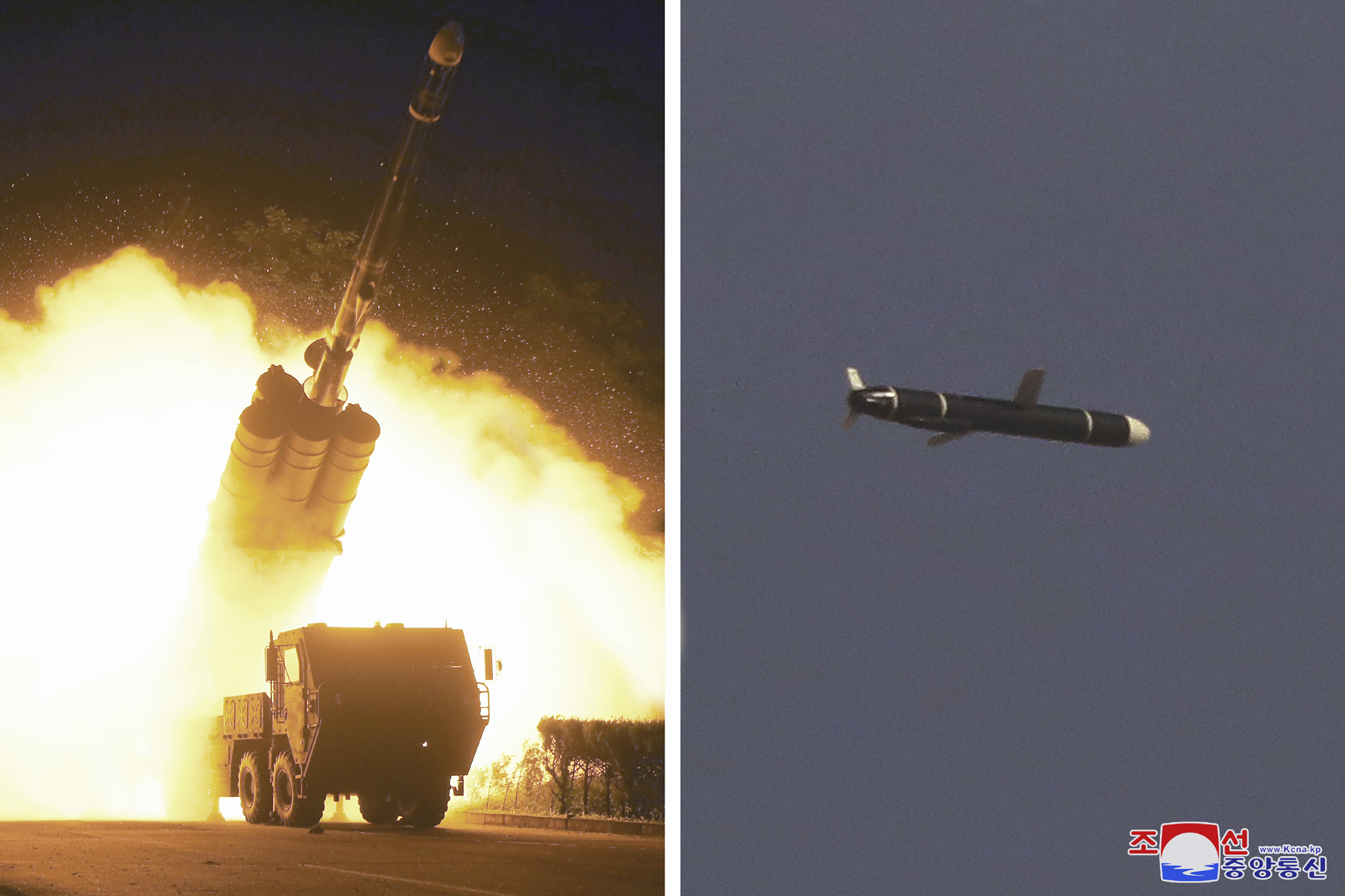 This combination of photos provided by the North Korean government on Monday shows long-range cruise missiles tests held on Sunday and Monday in an undisclosed location of North Korea. North Korea says it successfully test-fired what it described as newly developed long-range cruise missiles, its first known testing activity in months. The content of this image is as provided and cannot be independently verified.