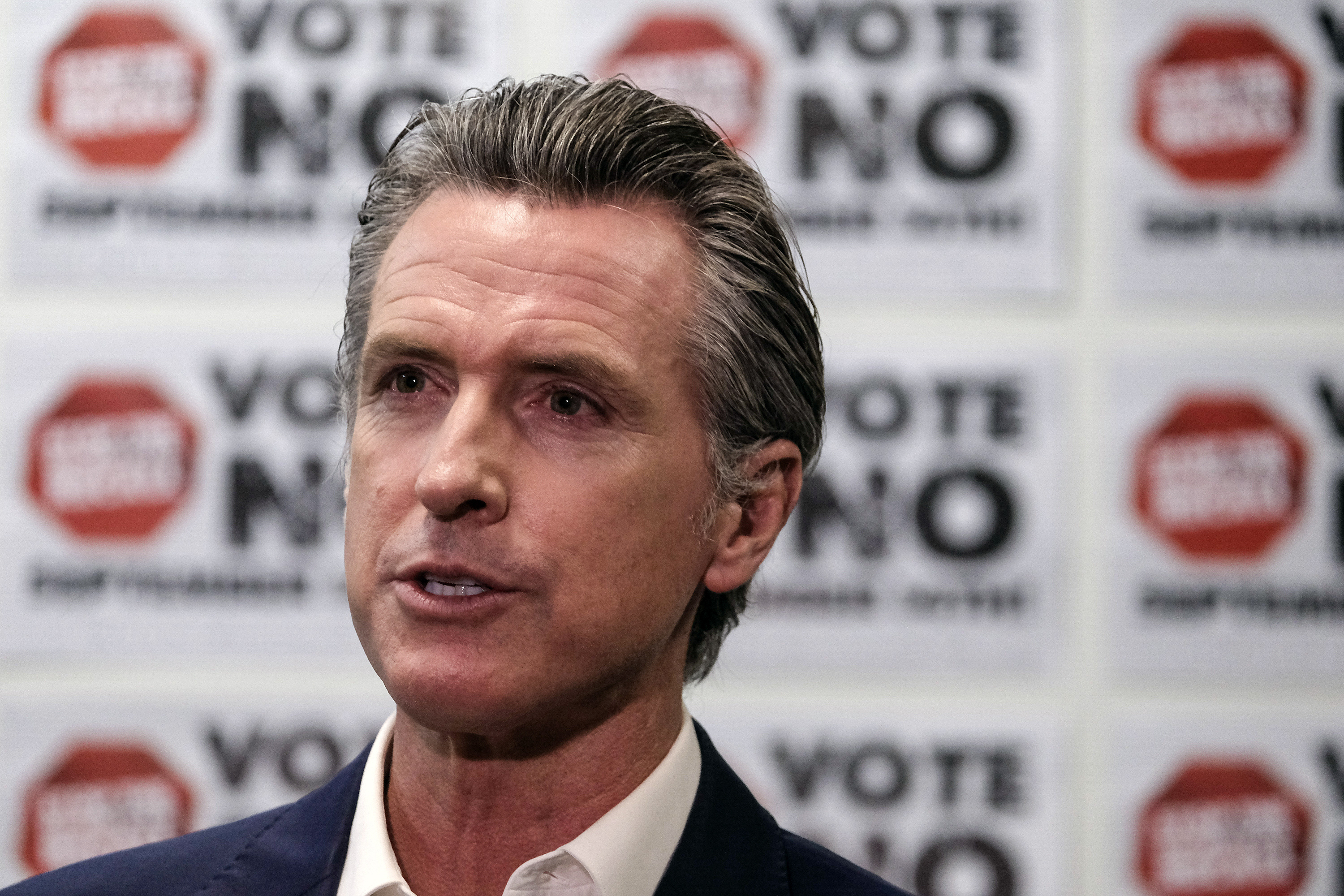California Gov. Gavin Newsom is photographed during a TV interview Sunday in Sun Valley, Calif. He urged voters to turn back a looming recall vote.