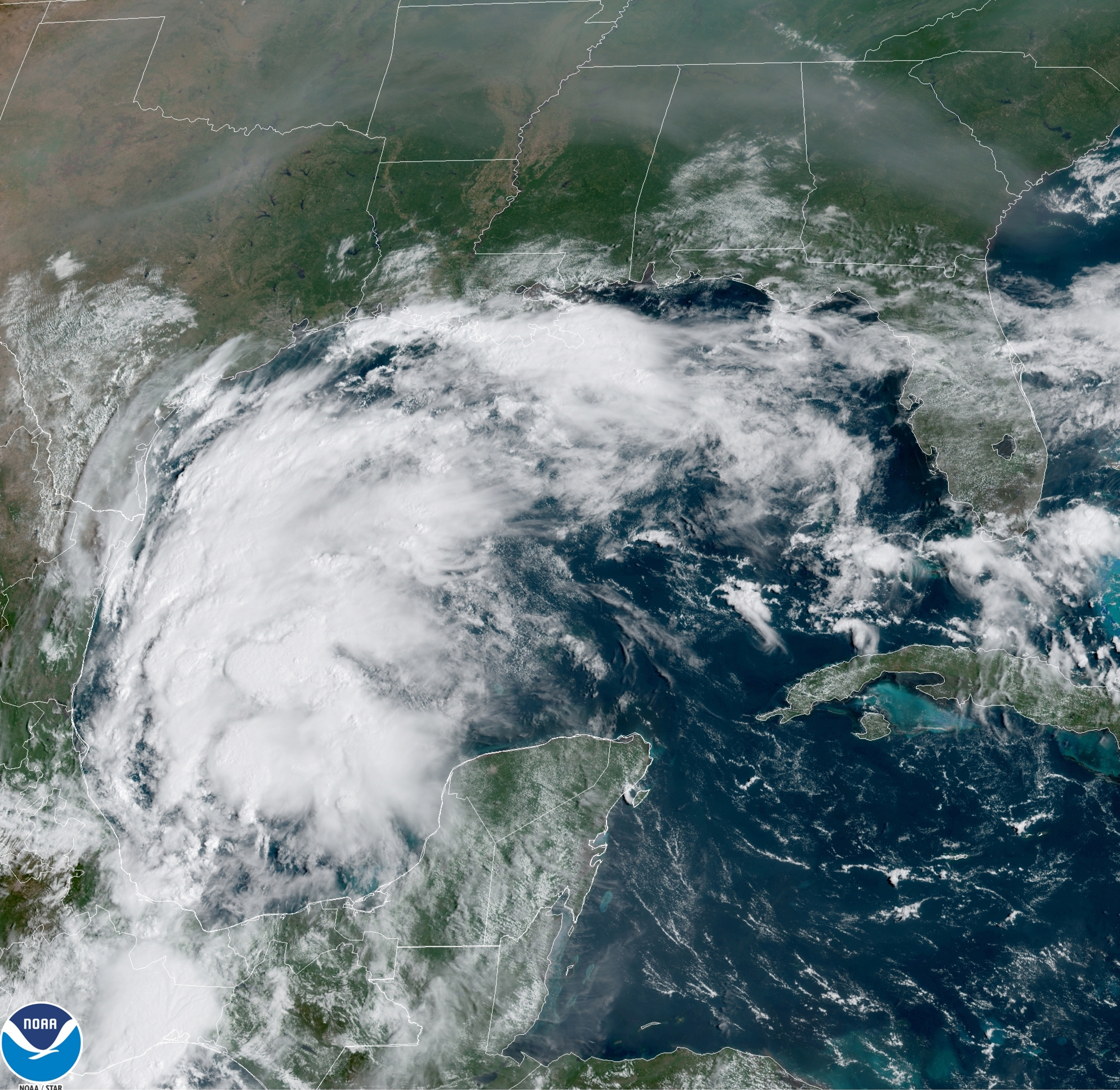This satellite image shows Tropical Storm Nicholas in the Gulf of Mexico on Sept. 12. Tropical storm warnings have been issued for coastal Texas and the northeast coast of Mexico. Nicholas is expected to produce storm total rainfall of 5 to 10 inches, with isolated maximum amounts of 15 inches, across portions of coastal Texas into southwest Louisiana through midweek.  