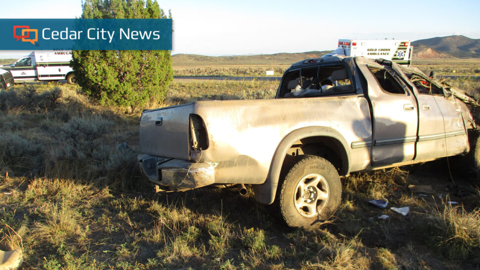 Scene of a single-vehicle rollover involving a pickup that left I-15 north of Cedar City Sunday.