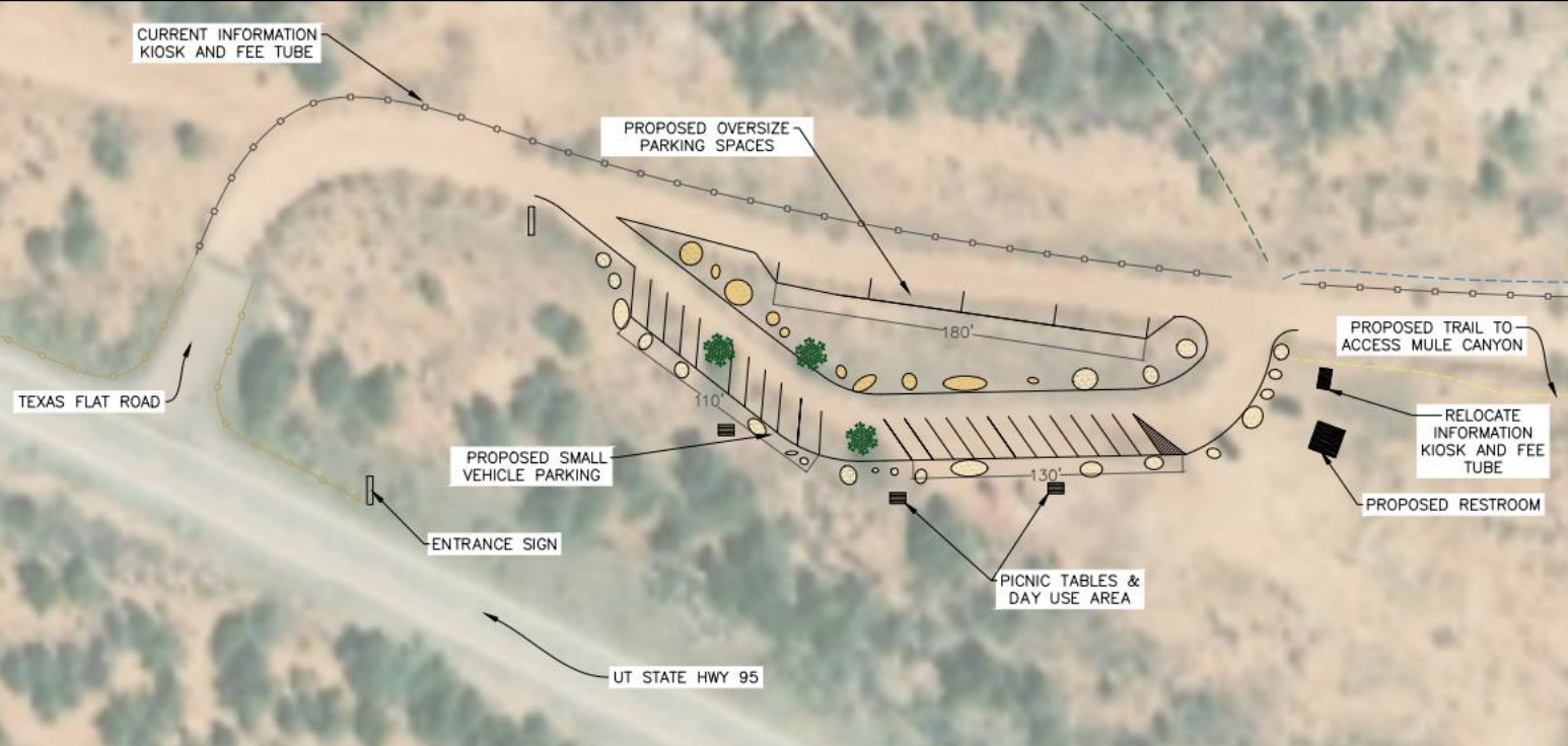 This map shows where the proposed parking area and other additions would be added near the House on Fire trail at Bears Ears National Monument.