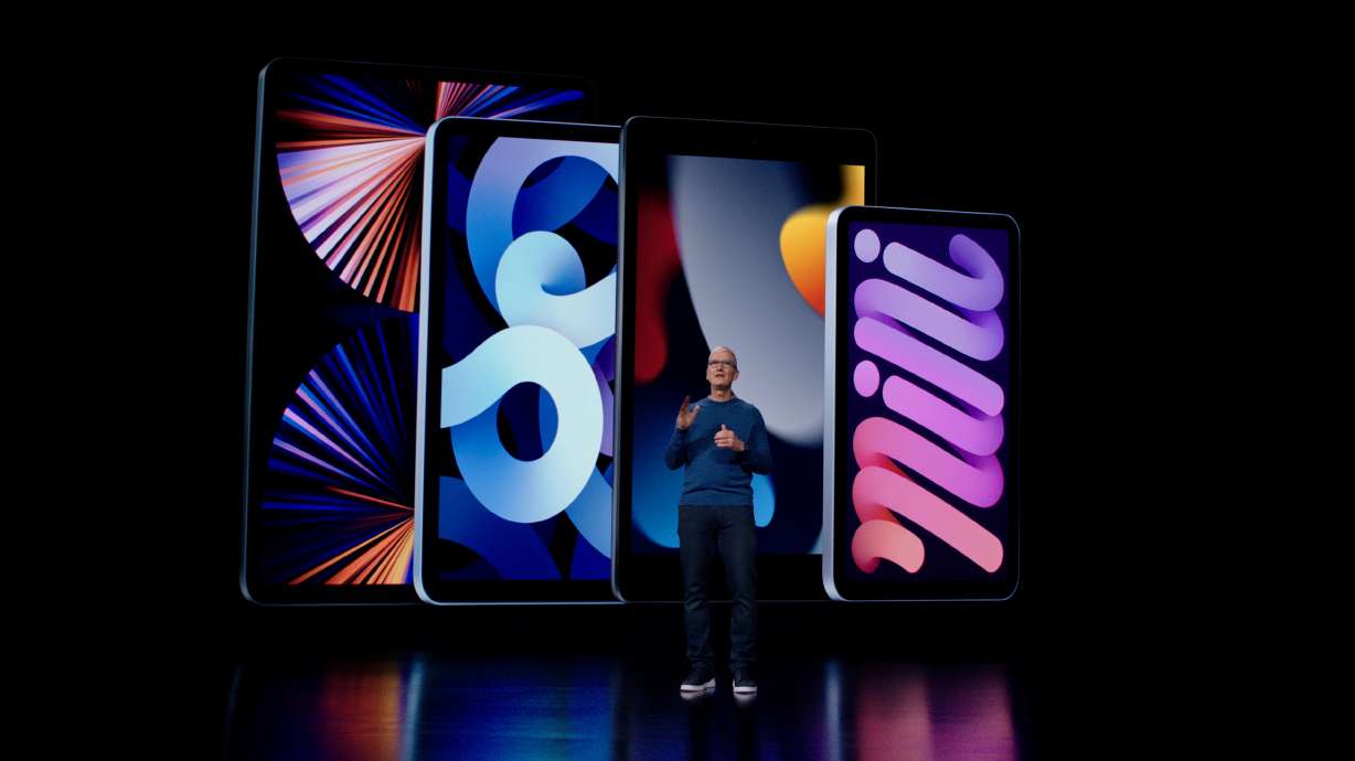 Apple CEO Tim Cook introduces the latest iPad and iPad mini to the iPad lineup during a special event at Apple Park in Cupertino, California broadcast Tuesday.