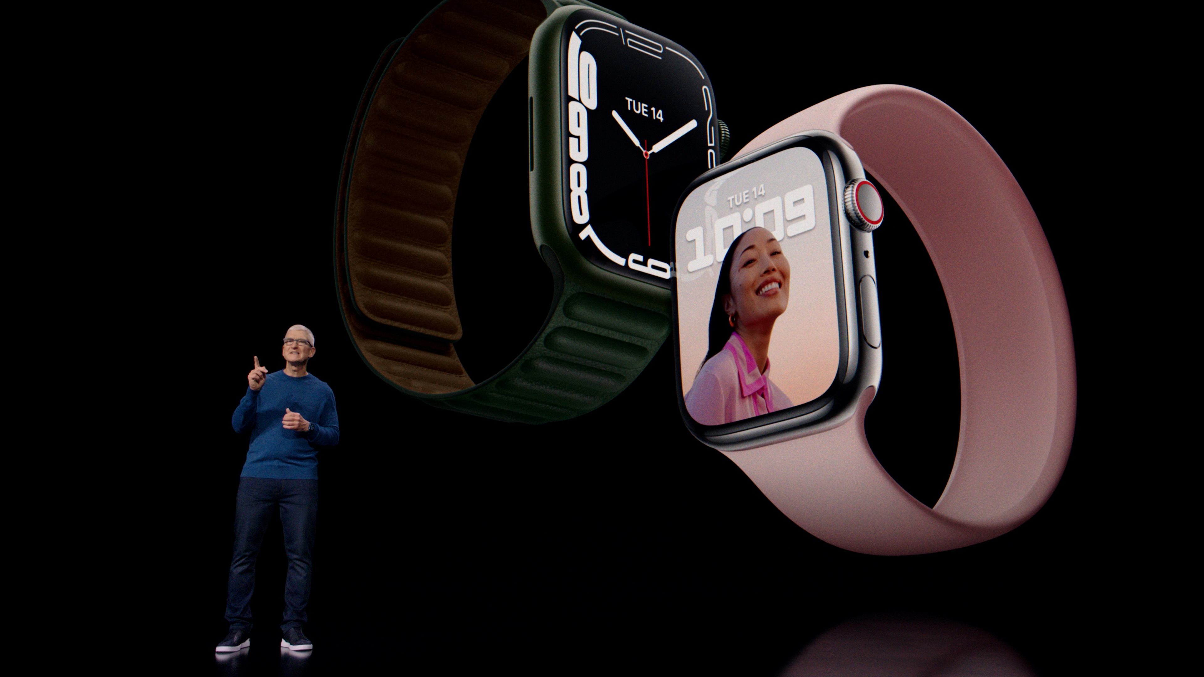 Apple CEO Tim Cook unveils Apple Watch Series 7 during a special event at Apple Park in Cupertino, California broadcast on Tuesday.