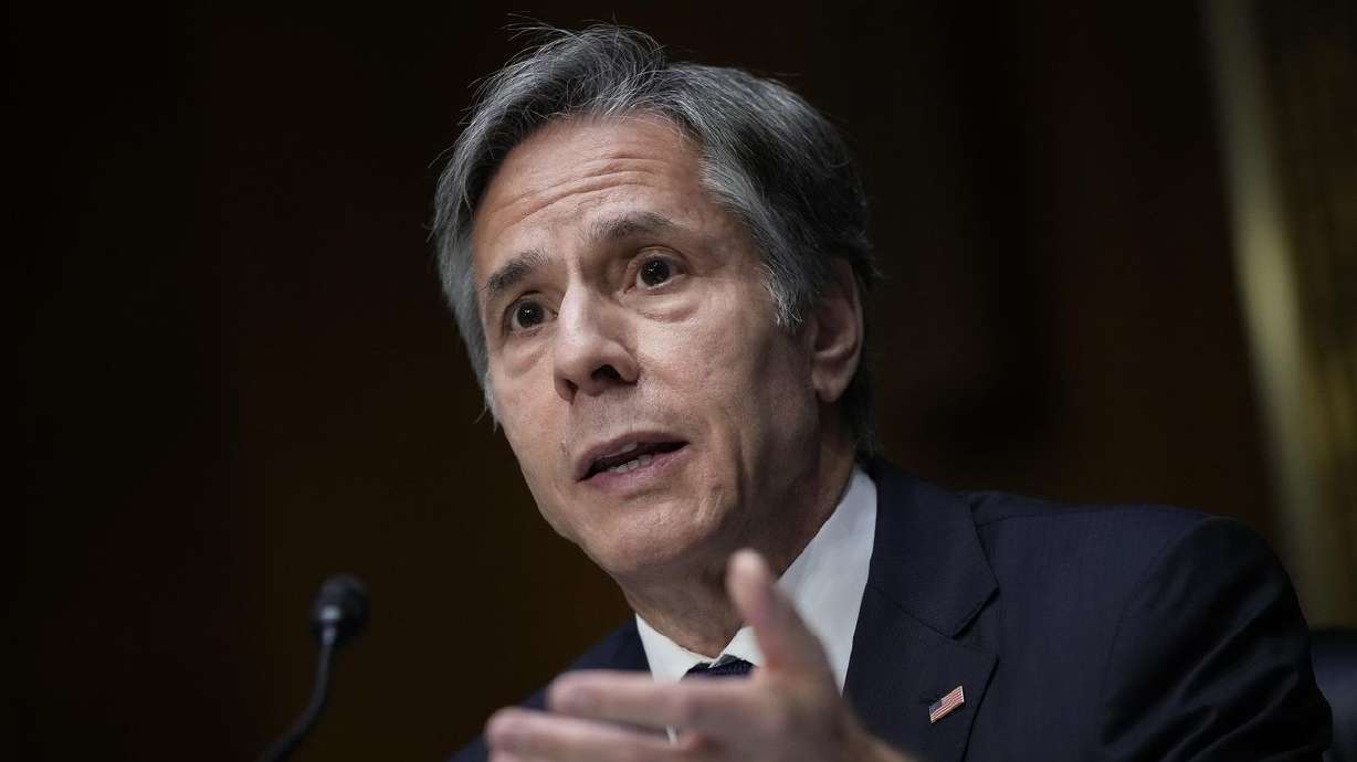 Secretary of State Antony Blinken speaks during a Senate Foreign Relations Committee hearing on Tuesday at Capitol Hill in Washington. Blinken was questioned about the Biden administration’s handling of the U.S. withdrawal from Afghanistan.