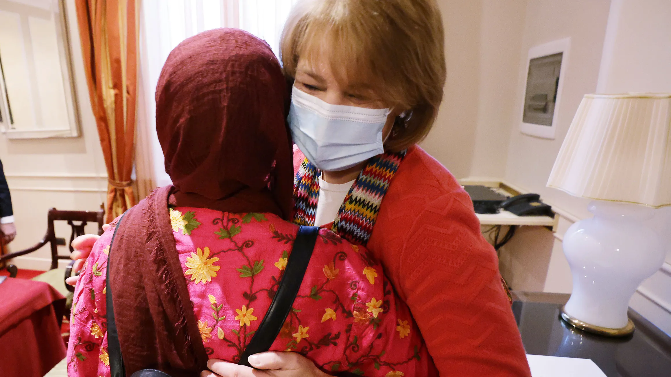 Sister Sharon Eubank, first counselor in The Church of Jesus Christ of Latter-day Saints’ Relief Society general presidency, hugs Dr. Azza Karam, of Religions for Peace, at a meeting during the G20 Interfaith Forum in Bologna, Italy, on Tuesday, Sept. 14, 2021. 