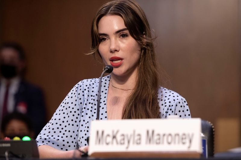 Olympic gymnast McKayla Maroney testifies during a Senate Judiciary hearing about the Inspector General's report on the FBI handling of the Larry Nassar investigation of sexual abuse of Olympic gymnasts, on Capitol Hill, in Washington, D.C., Wednesday.
