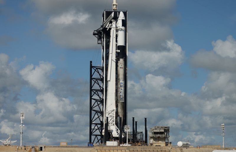 A SpaceX Falcon 9 with the Crew Dragon capsule stands on Pad-39A in preparation for the Inspiration 4 civilian crew mission at the Kennedy Space Center in Cape Canaveral, Florida, Wednesday.