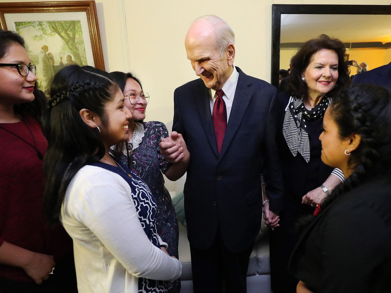 President Russell M. Nelson of The Church of Jesus Christ of Latter-day Saints greets area youth prior to a devotional
in Lima, Peru on Oct. 20, 2018. President Nelson launched a new Instagram account in Spanish Wednesday.