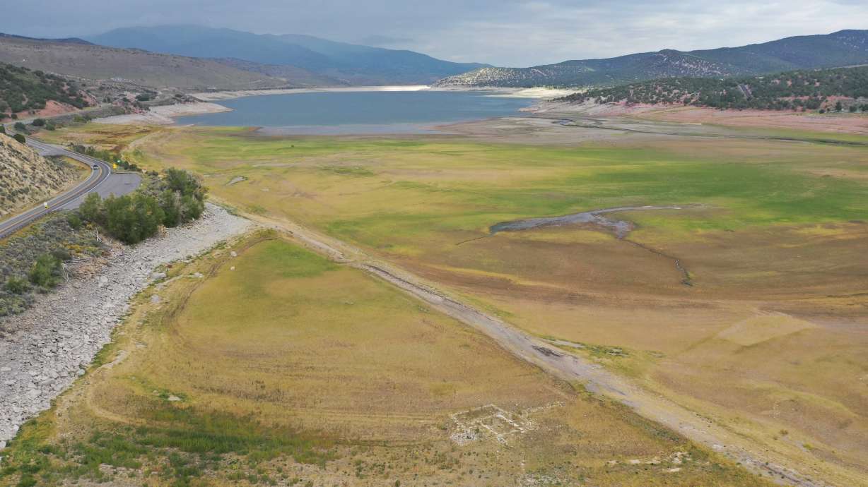 An aerial view of Rockport Reservoir taken earlier this month. The reservoir's low levels allow people to see remnants of the ghost town that once existed in the area.