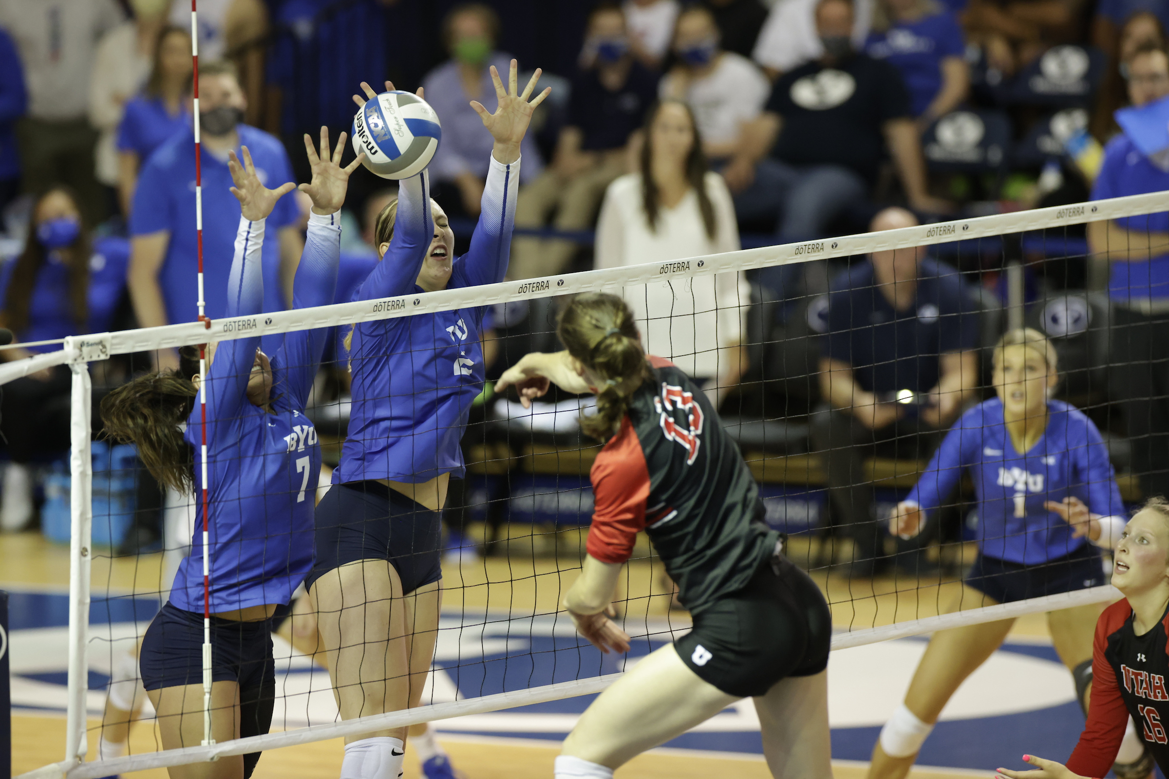 Utah's Madelyn Robinson puts down a kill against BYU during the No. 15 Cougars' women's volleyball match against No. 10 Utah, Thursday, Sept. 16, 2021 in the Smith Fieldhouse in Provo.