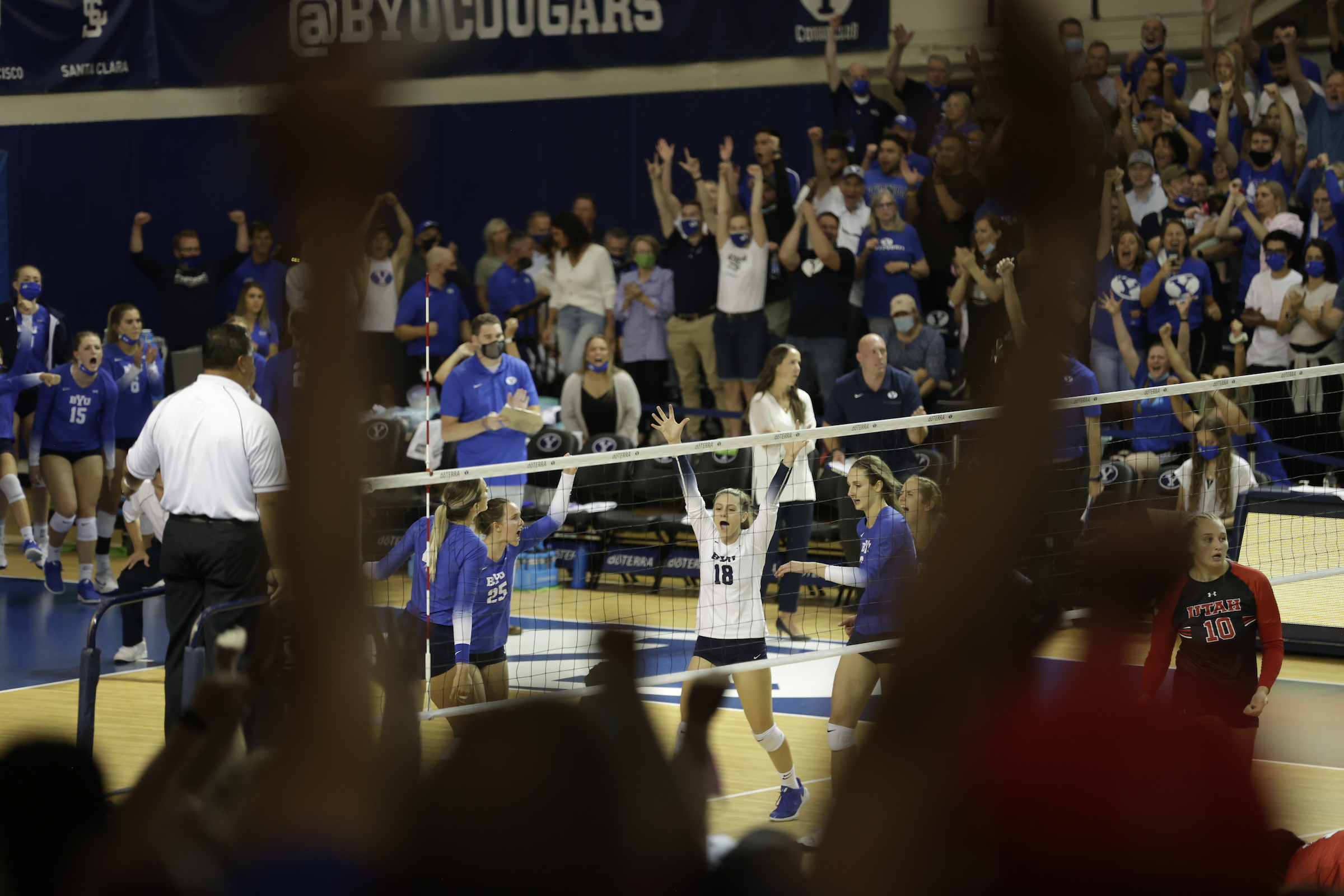 BYU libero Madi Allen celebrates a point during the No. 15 Cougars' women's volleyball match against No. 10 Utah, Thursday, Sept. 16, 2021 in the Smith Fieldhouse in Provo.