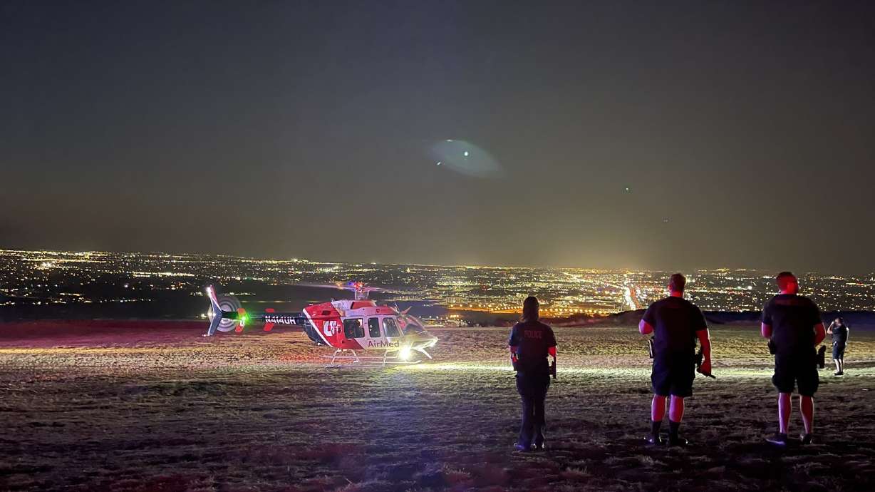 A University of Utah medical helicopter lands at the Point of the Mountain flight park in Draper on Thursday. A man died in a paraglider crash at the park, according to police.