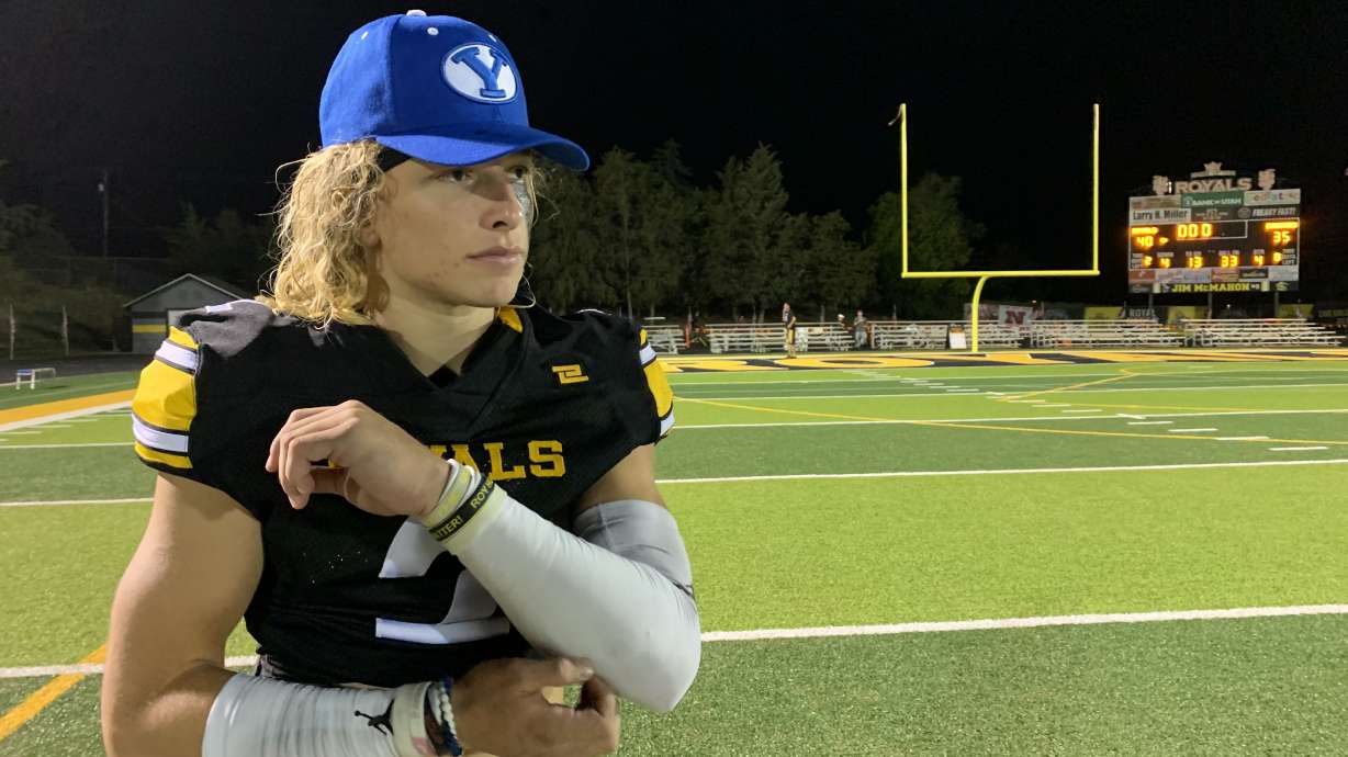 Roy QB Parker Kingston wears a BYU hat following his team's 40-35 win over Kearns.