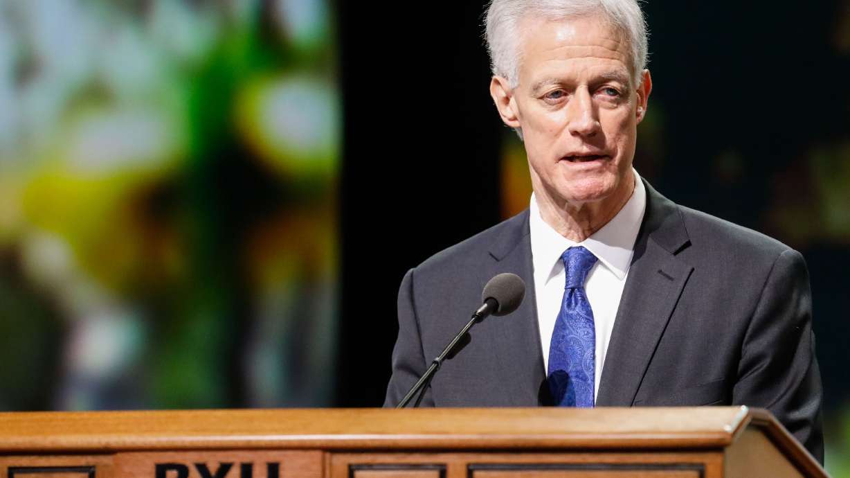 BYU President Kevin J Worthen speaks to BYU faculty and staff at the BYU Annual University Conference in Provo on Aug. 23, 2021.
