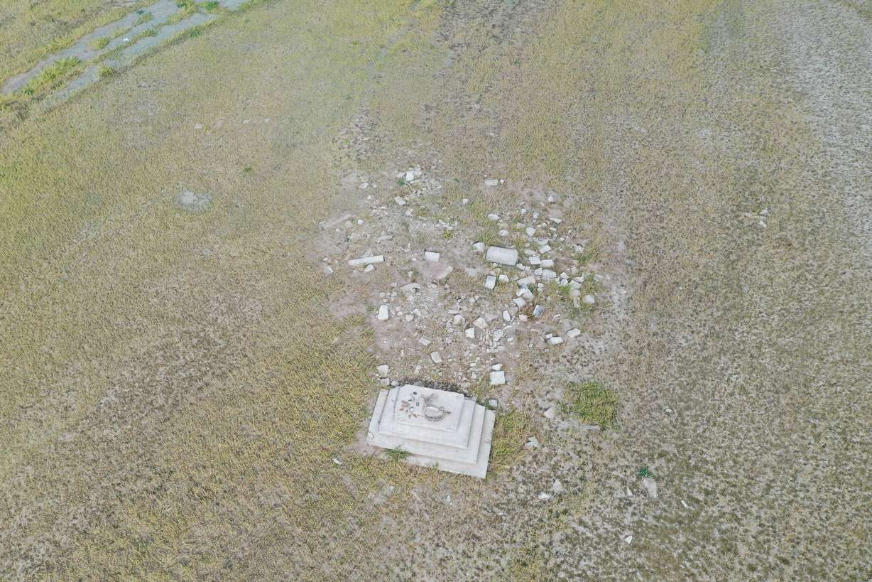 An aerial view of old Rockport building foundations taken earlier this month. The foundations have resurfaced as a result of Rockport Reservoir's low water levels this summer.