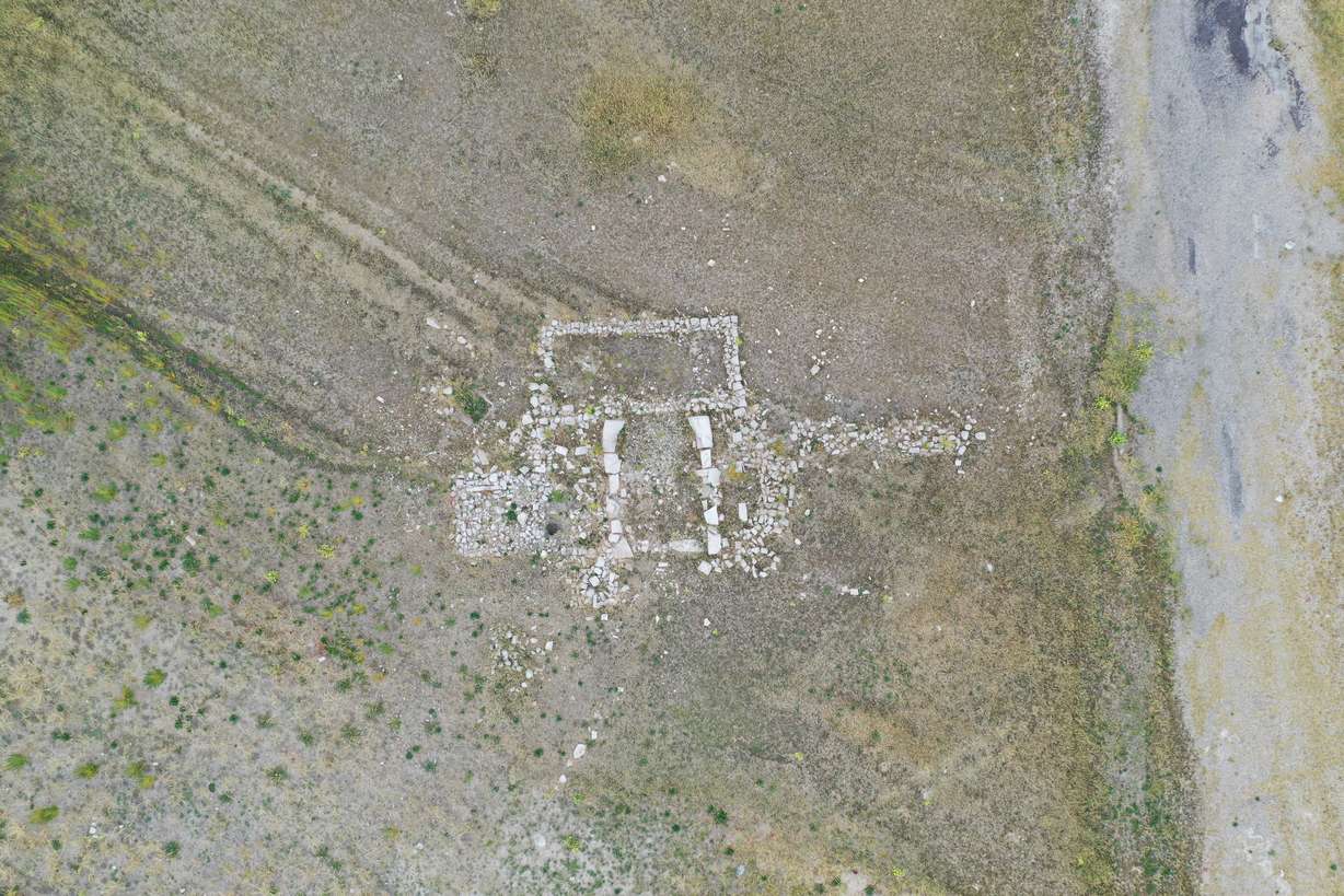 An aerial view of old Rockport building foundations taken earlier this month. The foundations have resurfaced as a result of Rockport Reservoir's low water levels this summer.