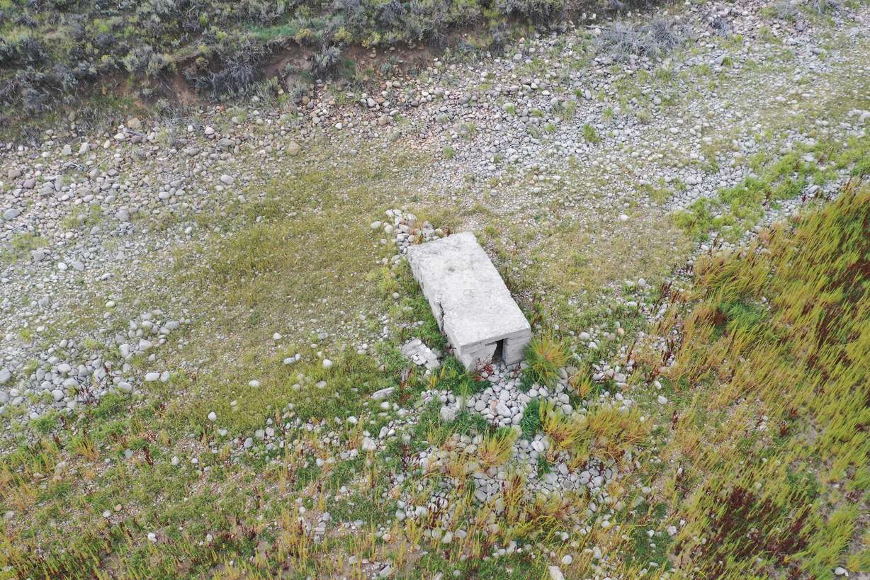 An aerial view of old Rockport building foundations taken earlier this month. The foundations have resurfaced as a result of Rockport Reservoir's low water levels this summer.