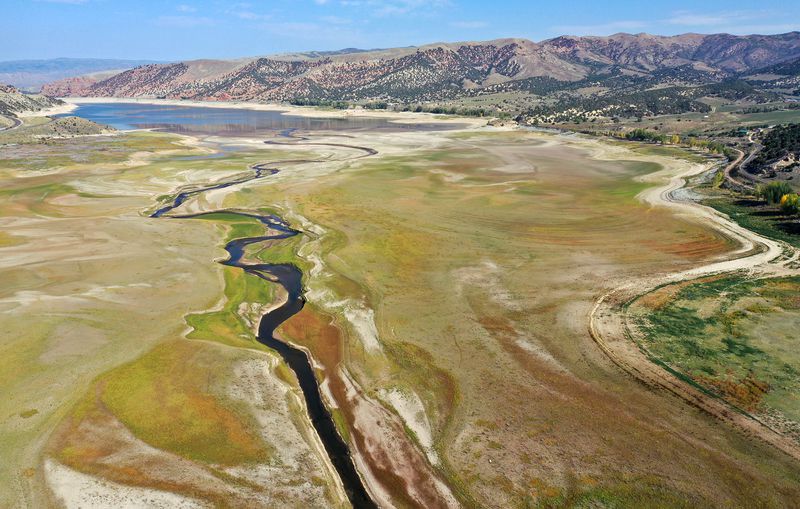 Echo Reservoir near Coalville is pictured at 12%
capacity during a drought on Thursday. When the
reservoir is at capacity, the land in the foreground is under
water.