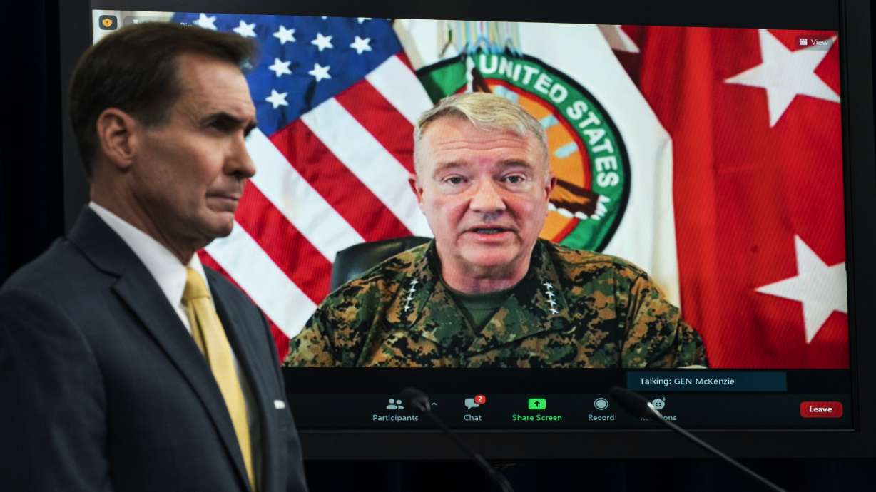 Gen. Frank McKenzie, Commander of U.S. Central Command, appears on screen as he speaks from MacDill Air Force Base, in Tampa, Fla., as he speaks about Afghanistan during a virtual briefing moderated by Pentagon spokesman John Kirby at the Pentagon in Washington Aug. 30. The Pentagon retreated from its defense of a drone strike that killed multiple civilians in Afghanistan last month, announcing Friday that an internal review revealed that only civilians were killed in the attack, not an Islamic State extremist as first believed.